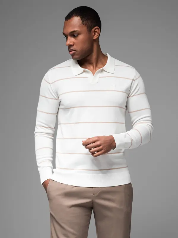 Ombre Ombre Men's horizontal striped polo longsleeve with viscose - white and beige