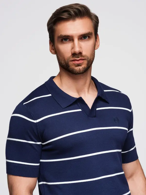 Ombre Ombre Men's horizontal striped polo shirt with viscose - navy blue and white