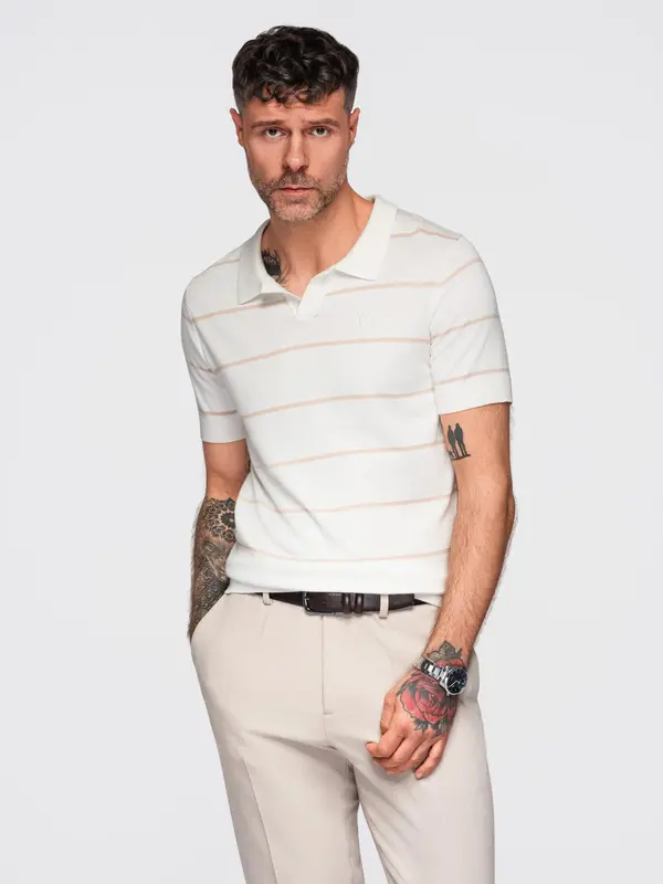 Ombre Ombre Men's horizontal striped viscose polo shirt - white and beige