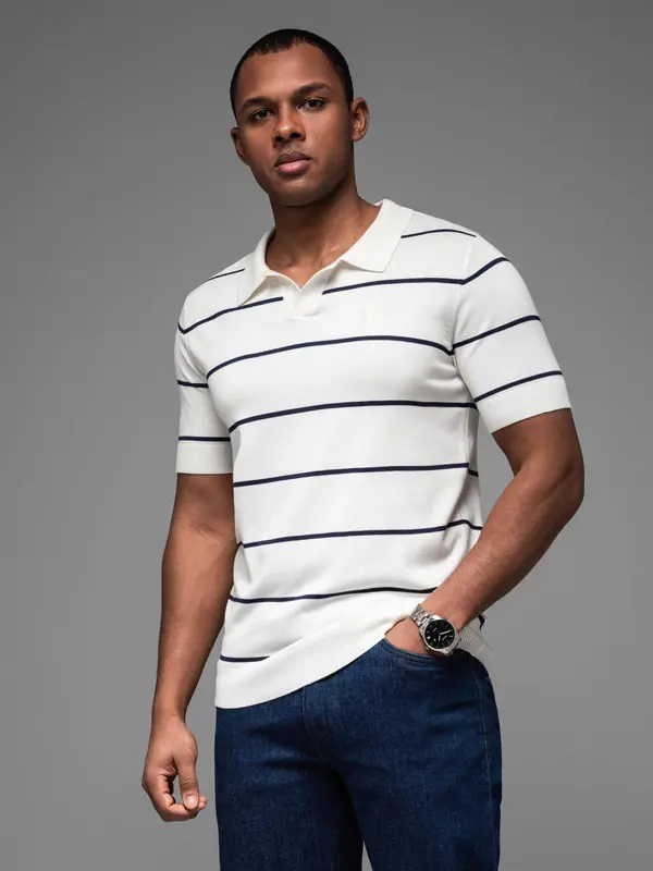 Ombre Ombre Men's horizontal striped viscose polo shirt - white and navy