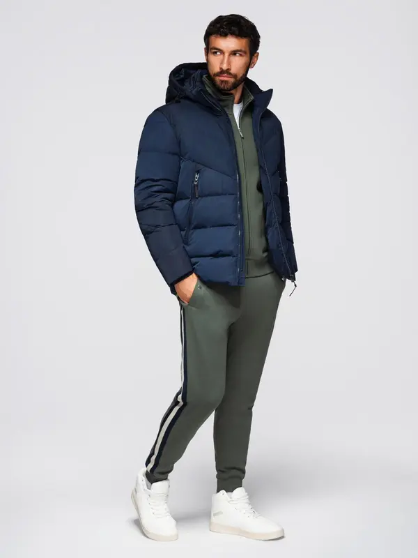 Ombre Ombre Men's jacket with asymmetrical quilting and hood - navy blue
