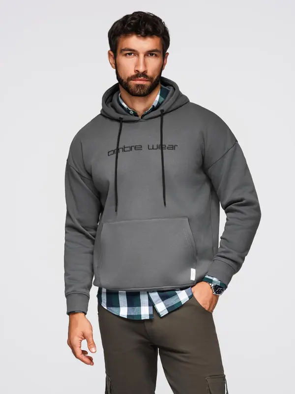 Ombre Ombre Men's kangaroo sweatshirt with embroidery and hood - graphite