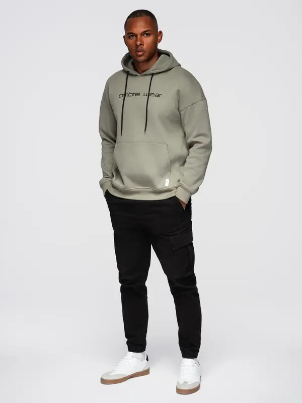 Ombre Ombre Men's kangaroo sweatshirt with embroidery and hood - khaki