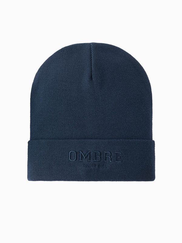 Ombre Ombre Men's knitted beanie hat with embroidered inscription - navy blue