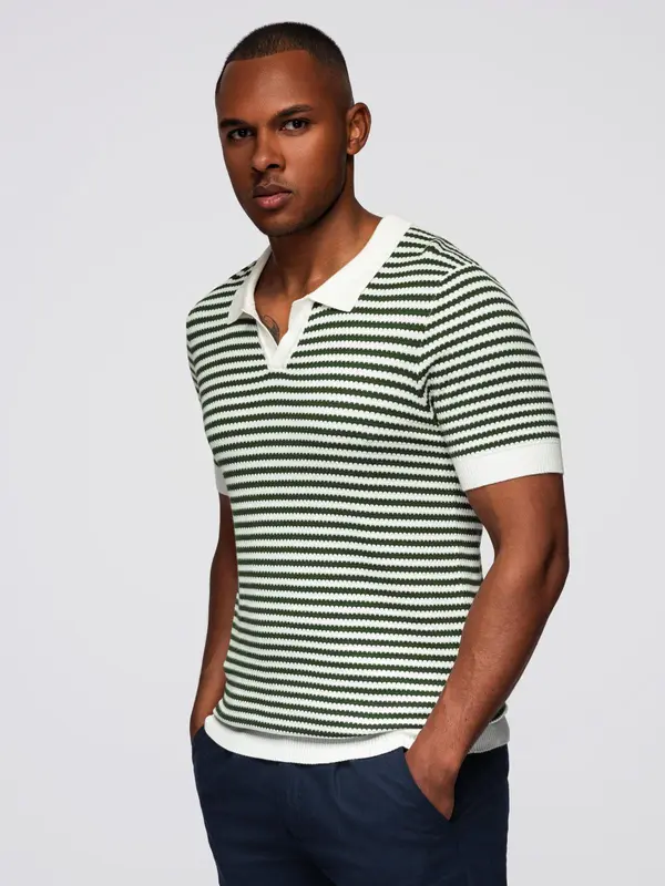 Ombre Ombre Men's knitted buttonless polo shirt with navy stripes - white and olive