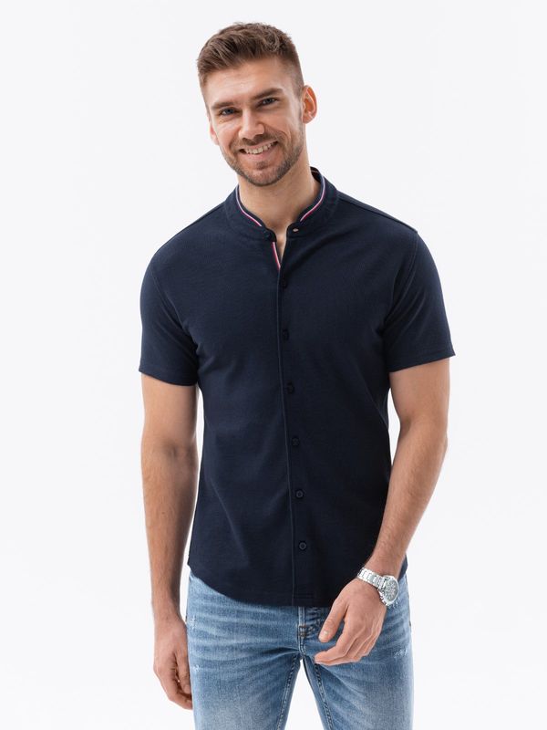 Ombre Ombre Men's knitted shirt with short sleeves and collared collar - navy blue