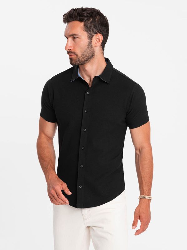 Ombre Ombre Men's knitted slim fit shirt with short sleeves and collar - black