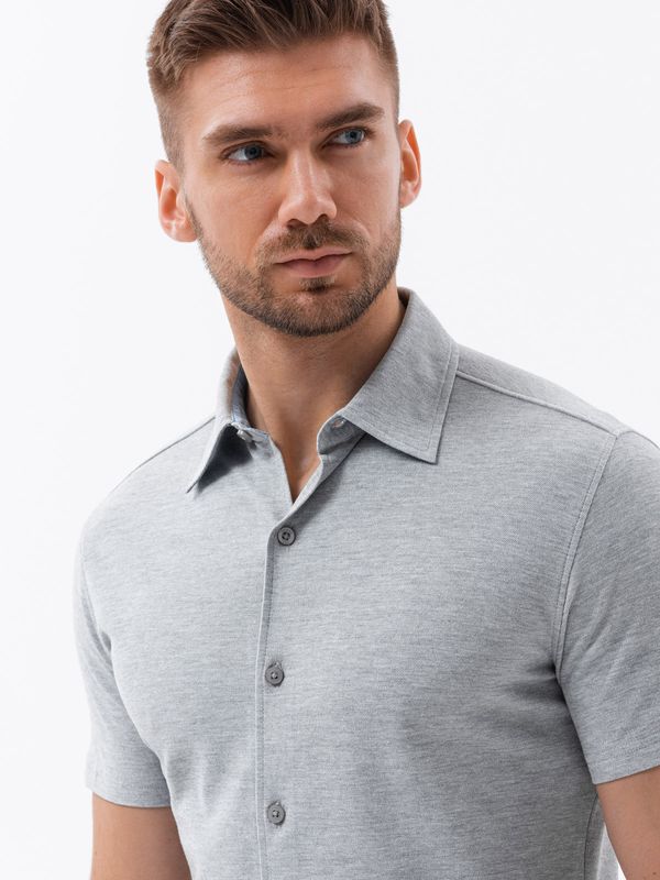 Ombre Ombre Men's knitted slim fit shirt with short sleeves and collar - grey