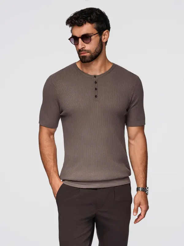 Ombre Ombre Men's knitted t-shirt with buttons at the neckline - ash