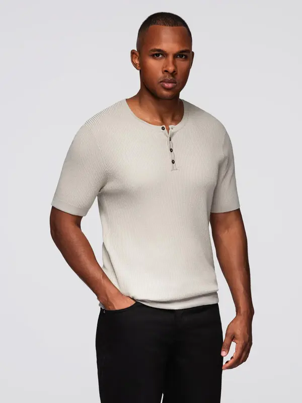 Ombre Ombre Men's knitted t-shirt with buttons at the neckline - light grey