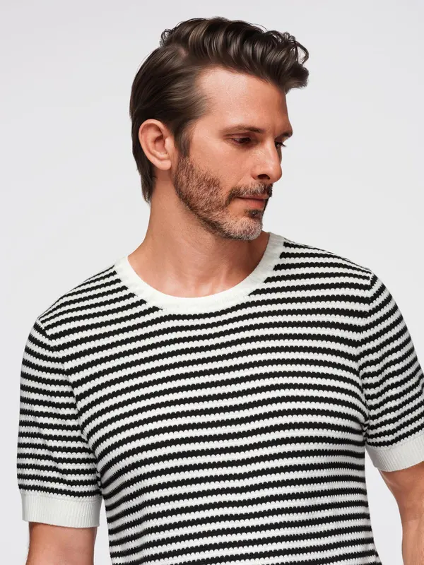 Ombre Ombre Men's knitted t-shirt with navy stripes and openwork weave - black and white