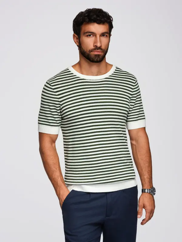 Ombre Ombre Men's knitted t-shirt with navy stripes and openwork weave - olive and white