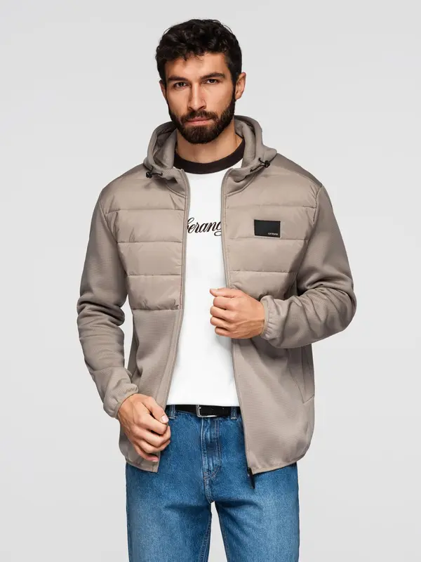 Ombre Ombre Men's lightweight jacket of combined materials with hood and decorative quilting - ash