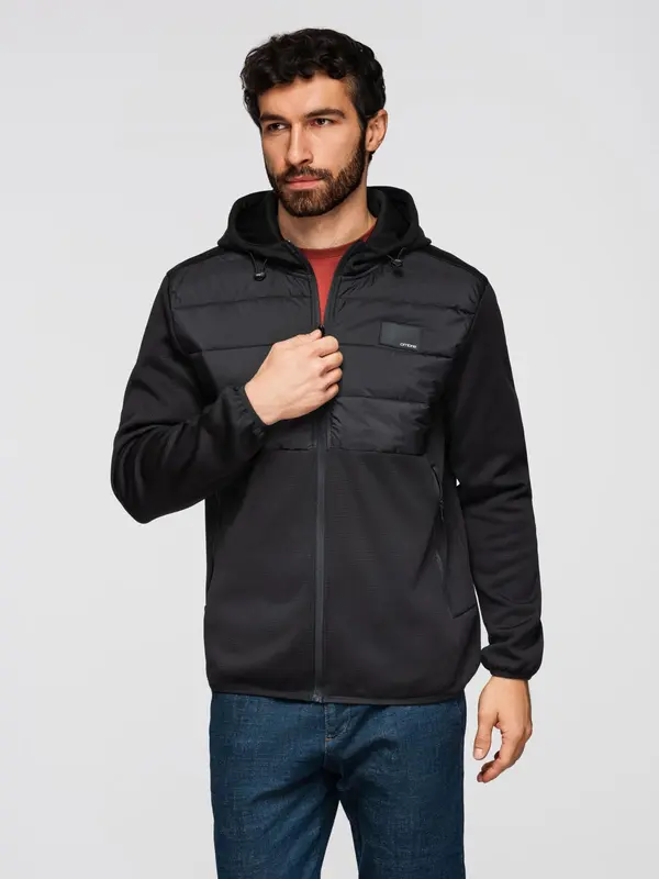Ombre Ombre Men's lightweight jacket of combined materials with hood and decorative quilting - black