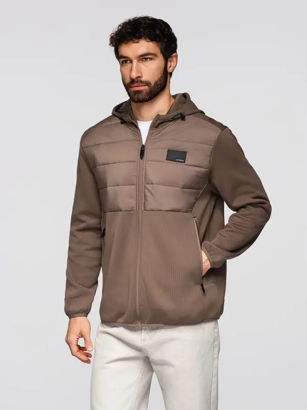 Ombre Ombre Men's lightweight jacket of combined materials with hood and decorative quilting - light brown