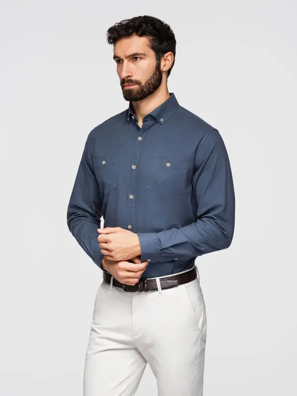 Ombre Ombre Men's linen shirt with classic collar and pockets REGULAR FIT - blue
