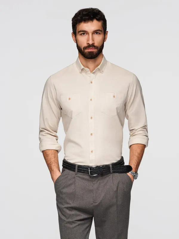 Ombre Ombre Men's linen shirt with classic collar and pockets REGULAR FIT - cream