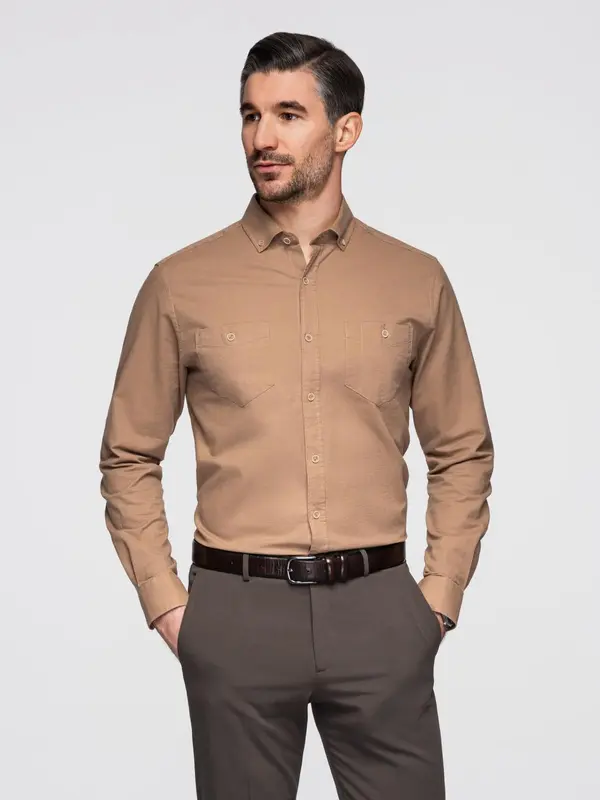 Ombre Ombre Men's linen shirt with classic collar and pockets REGULAR FIT - light brown