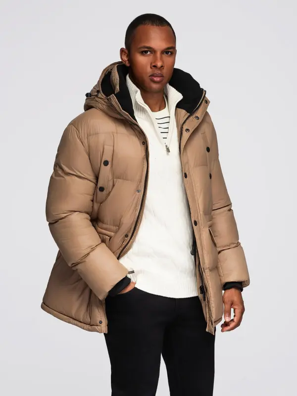 Ombre Ombre Men's long puffer jacket with snap pockets - brown