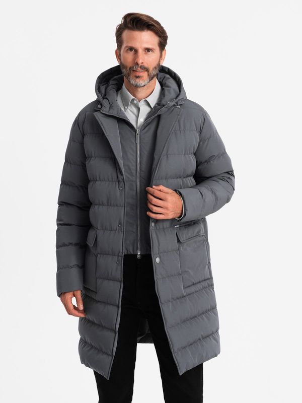 Ombre Ombre Men's long quilted jacket with lapels and lining - graphite