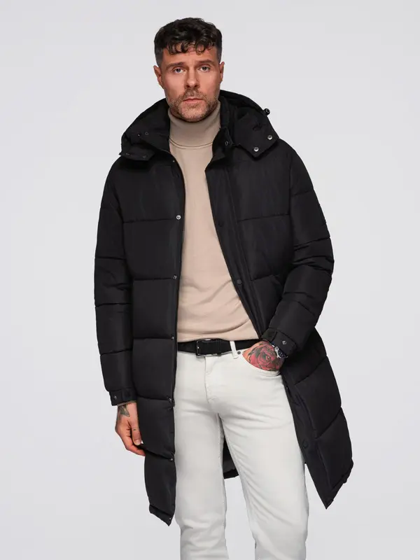 Ombre Ombre Men's long quilted winter jacket with hood - black