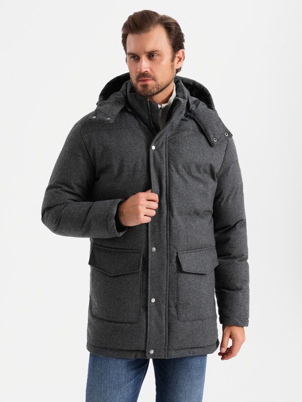 Ombre Ombre Men's long warm parka jacket with wool - black melange