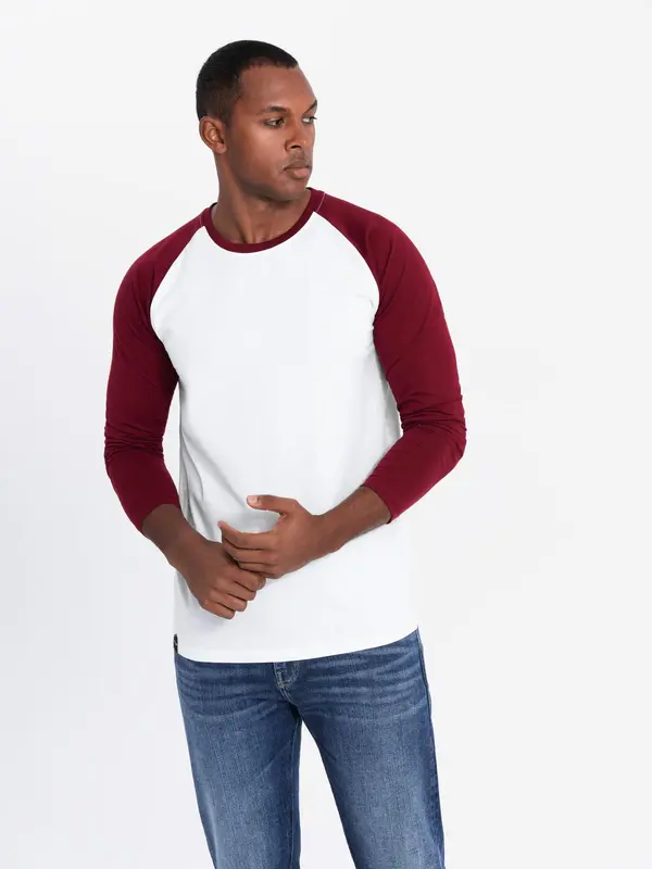Ombre Ombre Men's longsleeve with contrasting raglan sleeves - white and maroon