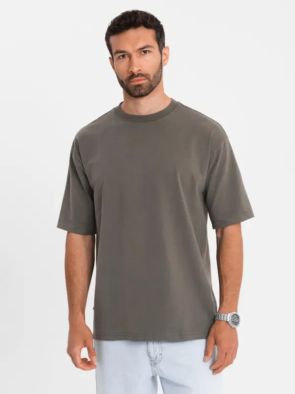 Ombre Ombre Men's LOOSE FIT cotton t-shirt with round neckline - dark olive