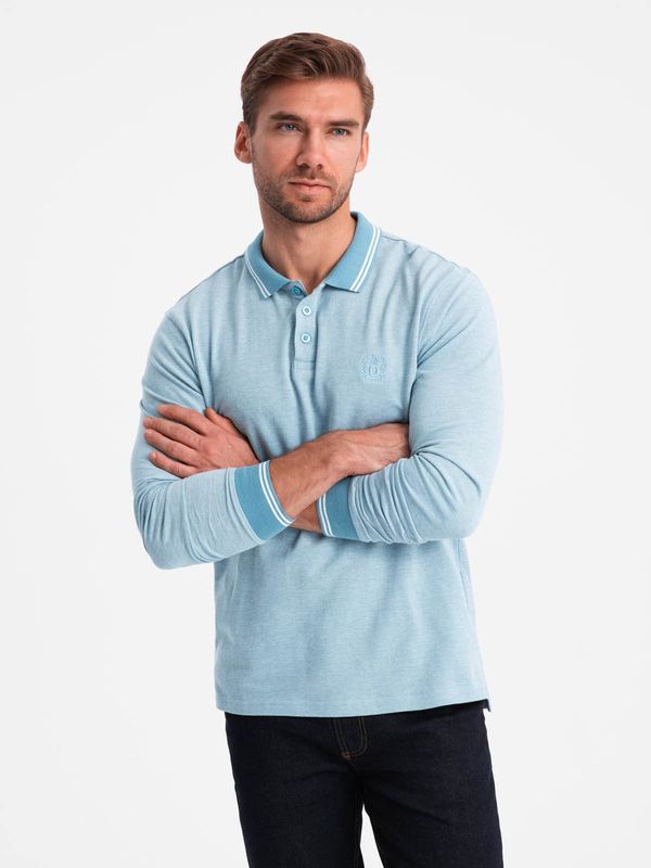 Ombre Ombre Men's melange polo longsleeve with embroidery - blue melange