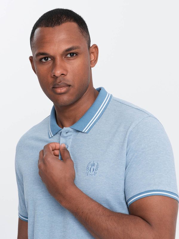 Ombre Ombre Men's melange polo shirt with striped collar - blue melange