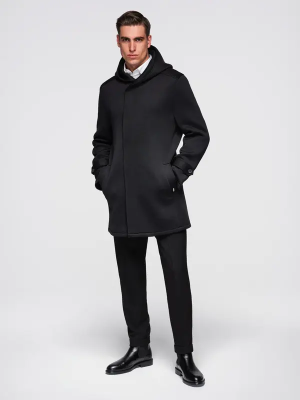 Ombre Ombre Men's minimalist medium length coat with hood - black