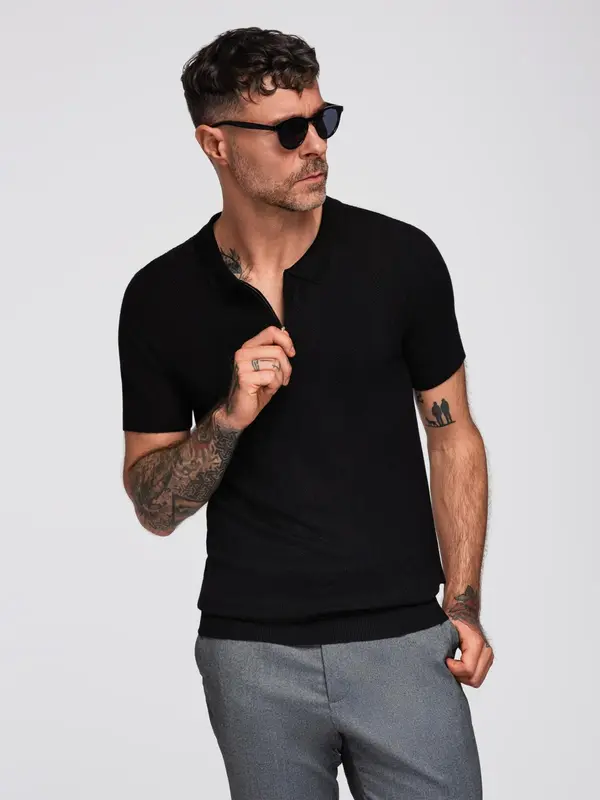 Ombre Ombre Men's openwork polo shirt with zipper at neckline - black