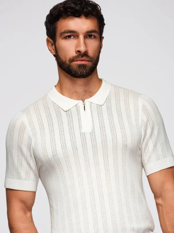 Ombre Ombre Men's openwork polo shirt with zipper at neckline - white