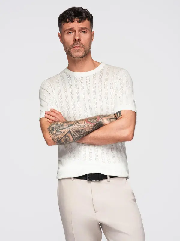 Ombre Ombre Men's openwork sweater with round neckline and short sleeves - white