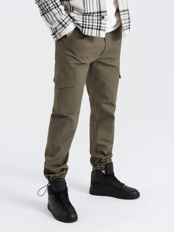Ombre Ombre Men's pants with cargo pockets and leg hem - dark olive green
