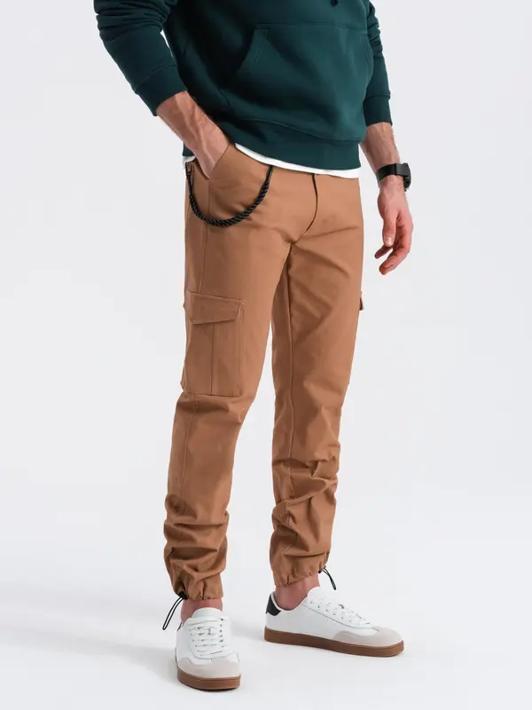 Ombre Ombre Men's pants with cargo pockets and leg hem - light brown
