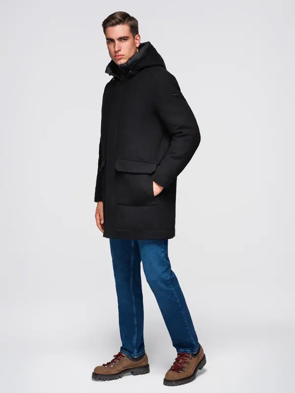 Ombre Ombre Men's parka coat with wool and hood - black