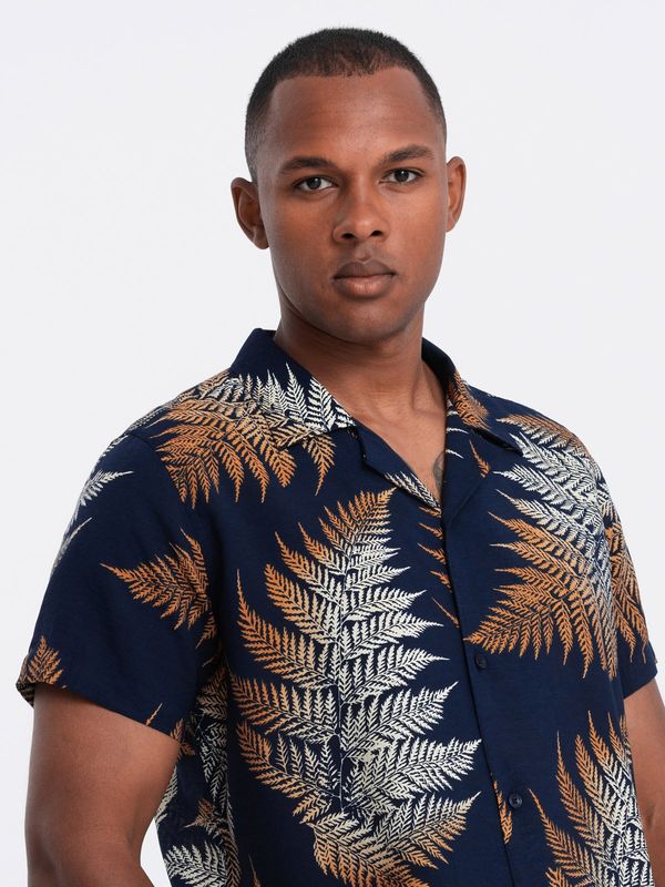 Ombre Ombre Men's patterned viscose shirt with short sleeves - fern