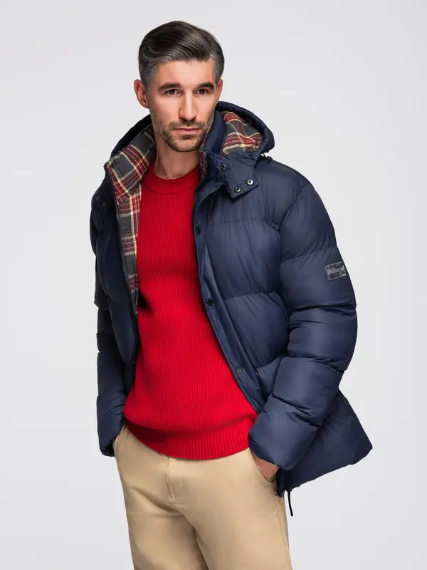 Ombre Ombre Men's puffer jacket with check lining - navy blue