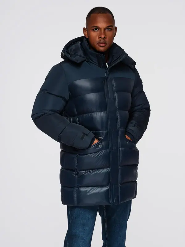 Ombre Ombre Men's quilted jacket with combined materials and hood - navy blue