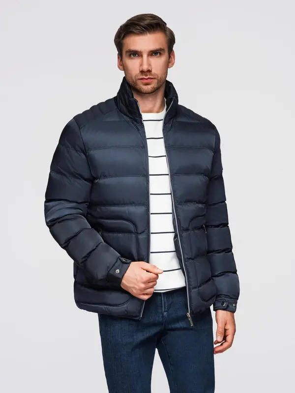Ombre Ombre Men's quilted jacket with sheen and stand-up collar - dark blue