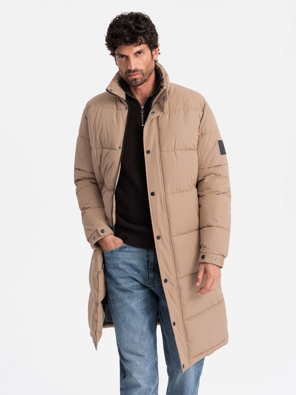 Ombre Ombre Men's quilted long jacket with detachable hood - beige