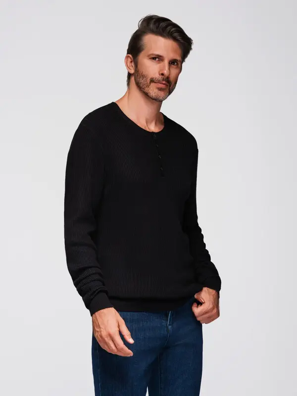 Ombre Ombre Men's ribbed sweater with buttons at the neckline - black