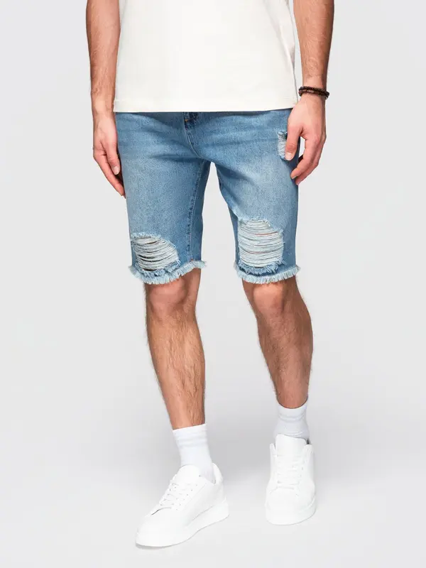 Ombre Ombre Men's short denim shorts with rips and holes - blue