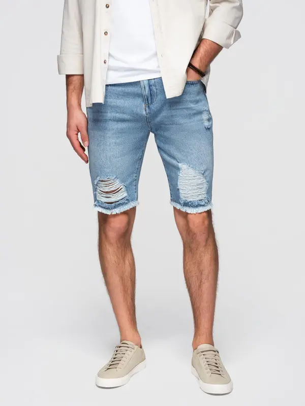 Ombre Ombre Men's short denim shorts with rips and holes - light blue