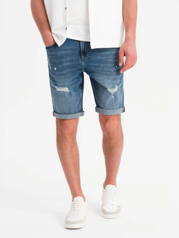 Ombre Ombre Men's short denim shorts with rubbing and rolled up leg - blue