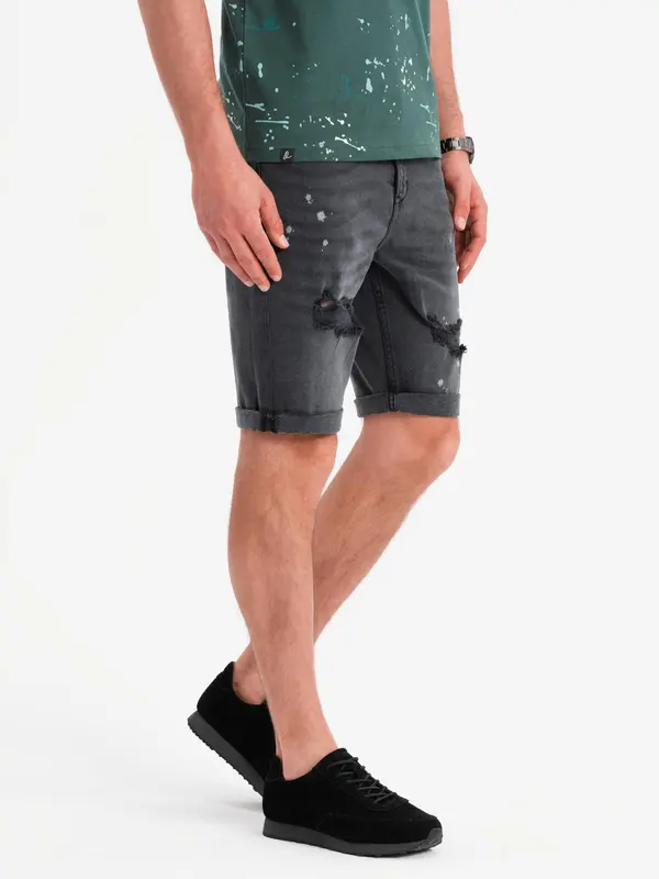 Ombre Ombre Men's short denim shorts with rubbing and rolled up leg - gray