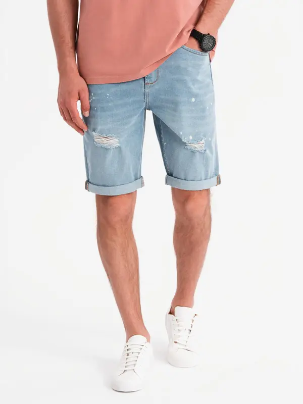 Ombre Ombre Men's short denim shorts with rubbing and rolled up leg - light blue
