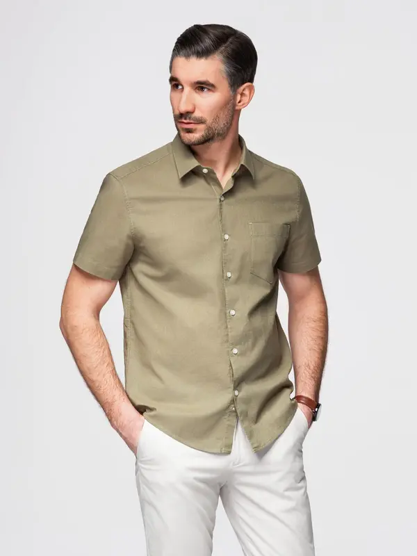 Ombre Ombre Men's short sleeve cotton and linen shirt with pocket - olive