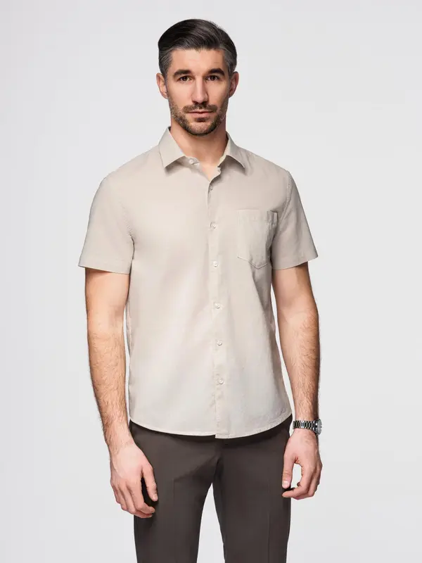 Ombre Ombre Men's short-sleeved linen-cotton shirt with pocket - beige